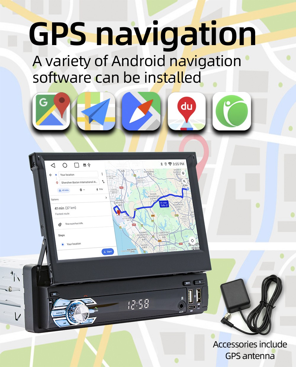 7″ 1 DIN Car Stereo Radio CarPlay Android 15 GPS NAV Flip Out Screen 4+64GB WIFI