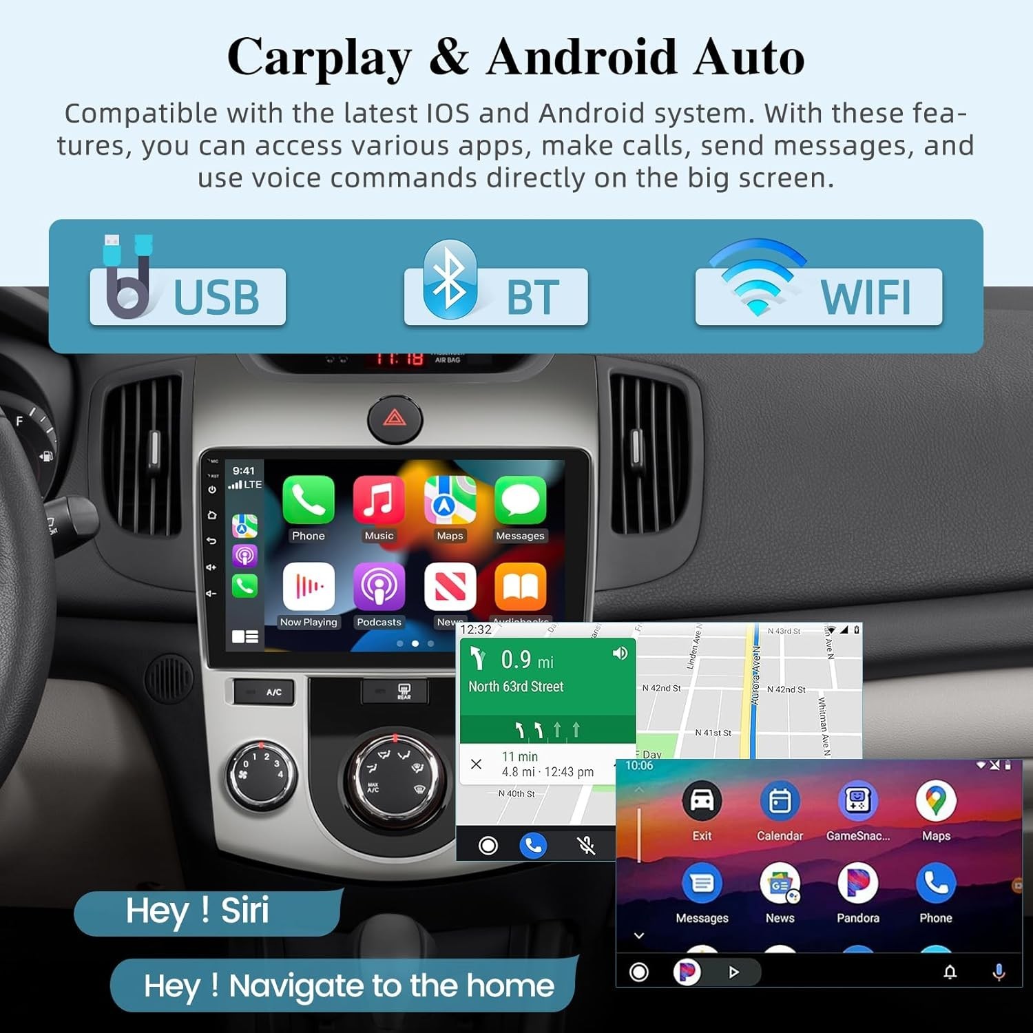 4+64G For KIA Forte 2010-2013 Car Stereo Radio Auto GPS Navi Carplay Screen