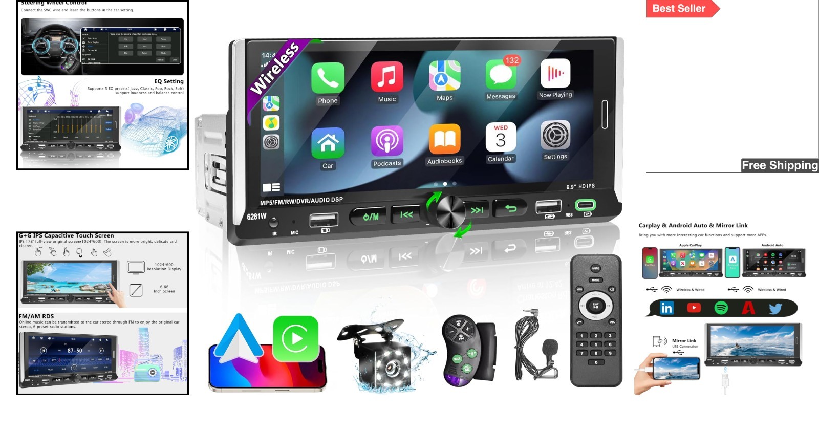 Wireless CarPlay and Android Auto Car Stereo with Night Vision Backup Camera