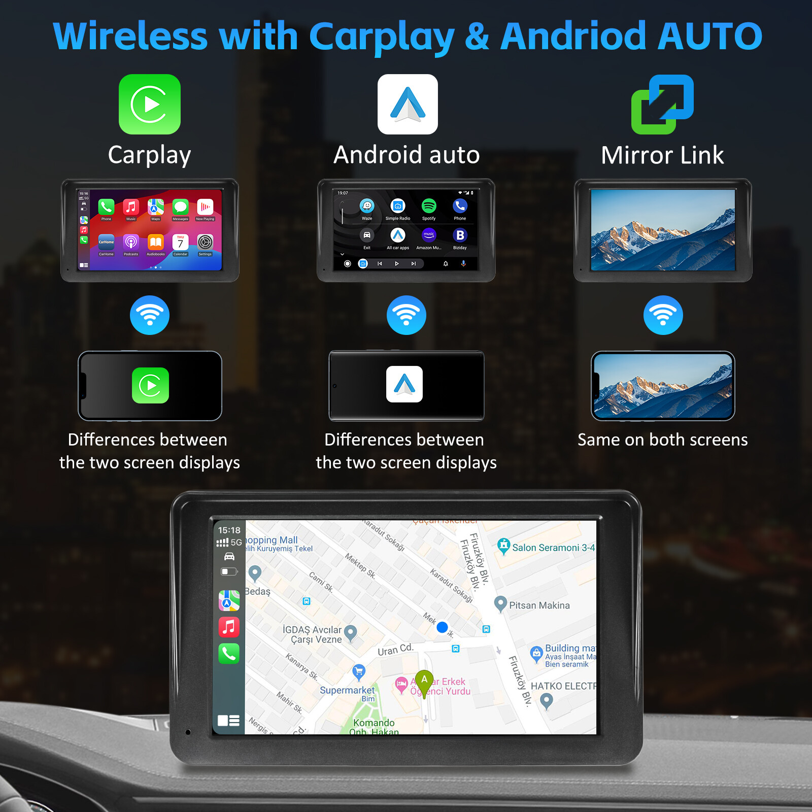 7″ Portable Touch Screen Wireless CarPlay Android Auto Car FM Radio AUX +Camera