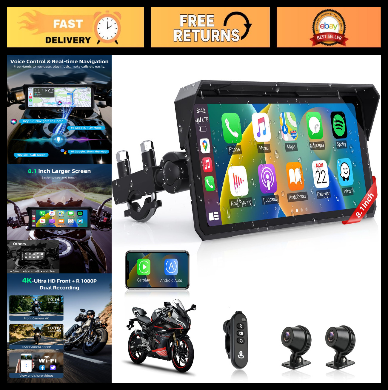 4K Motorcycle CarPlay Screen 8.1″ w/ Dash Cam, GPS, Voice Control, Dual Bluetoot