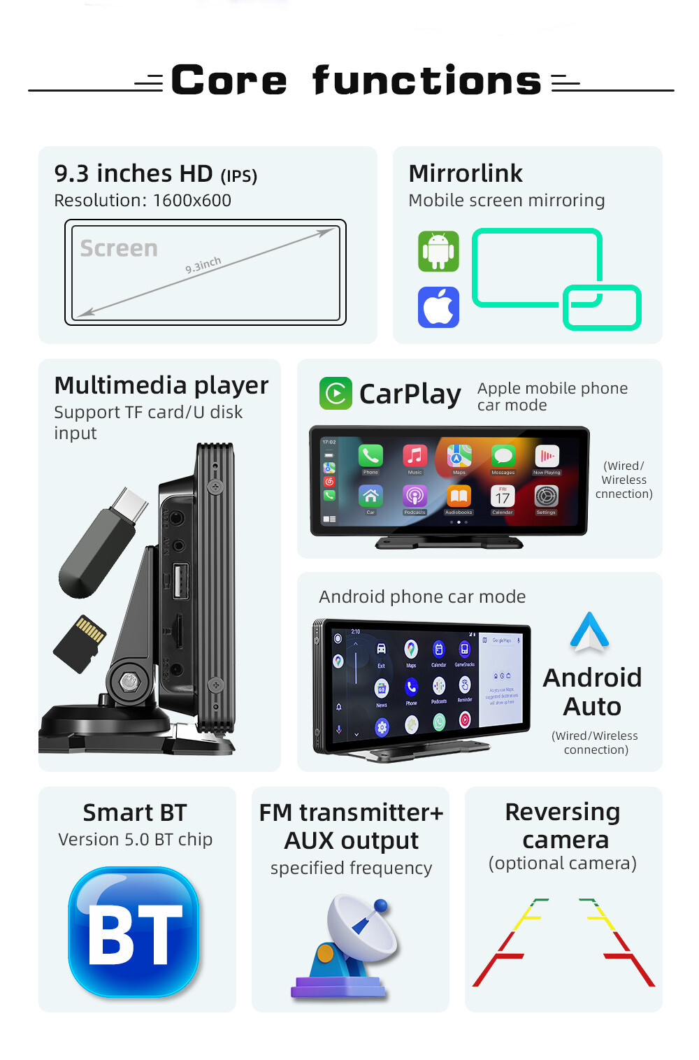 9.3in Car Stereo Radio Multimedia Player WIFI Bluetooth Audio FM Mirror Link