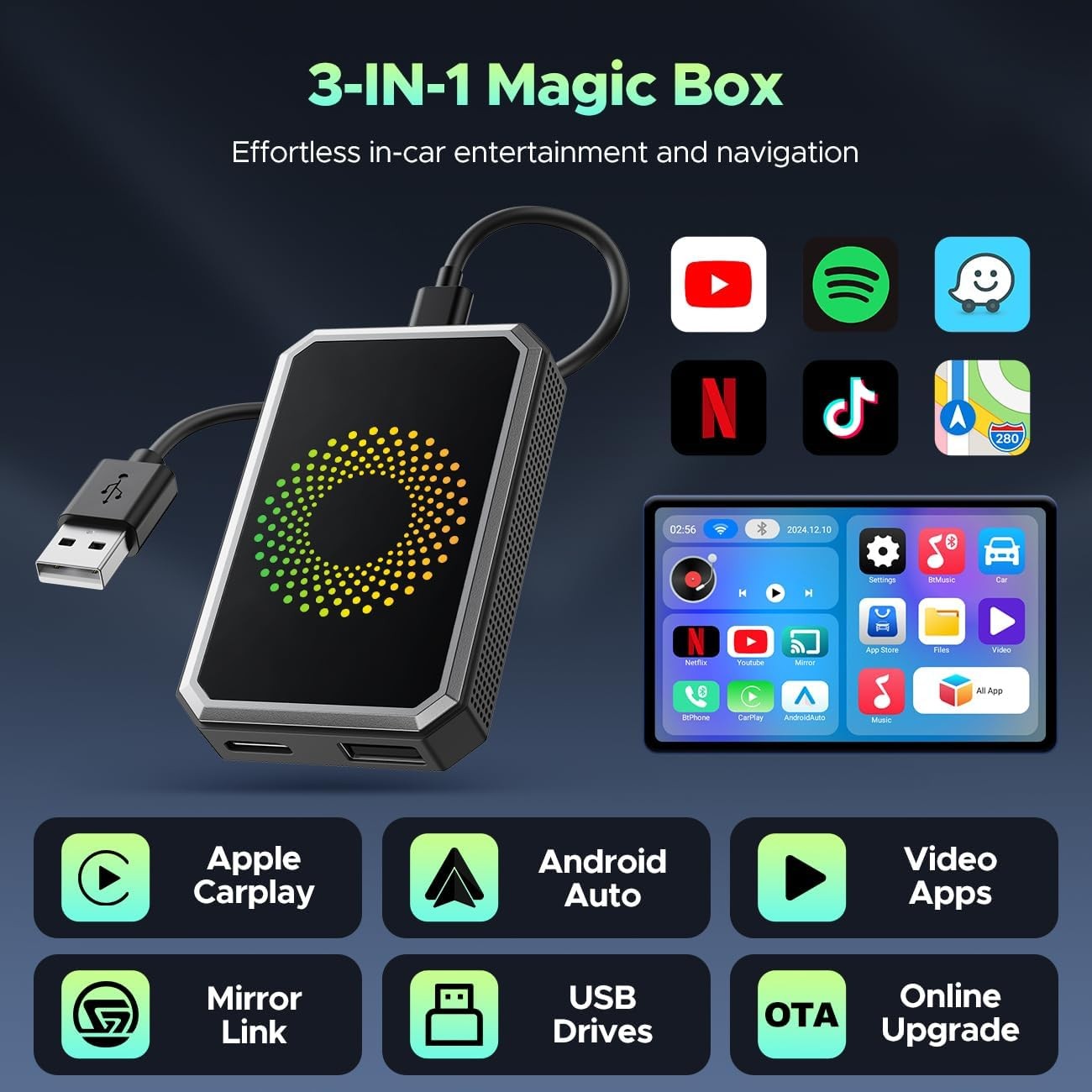 3 In1 Magic Video Box for Streaming Wireless CarPlay AI box Android Auto Adapter