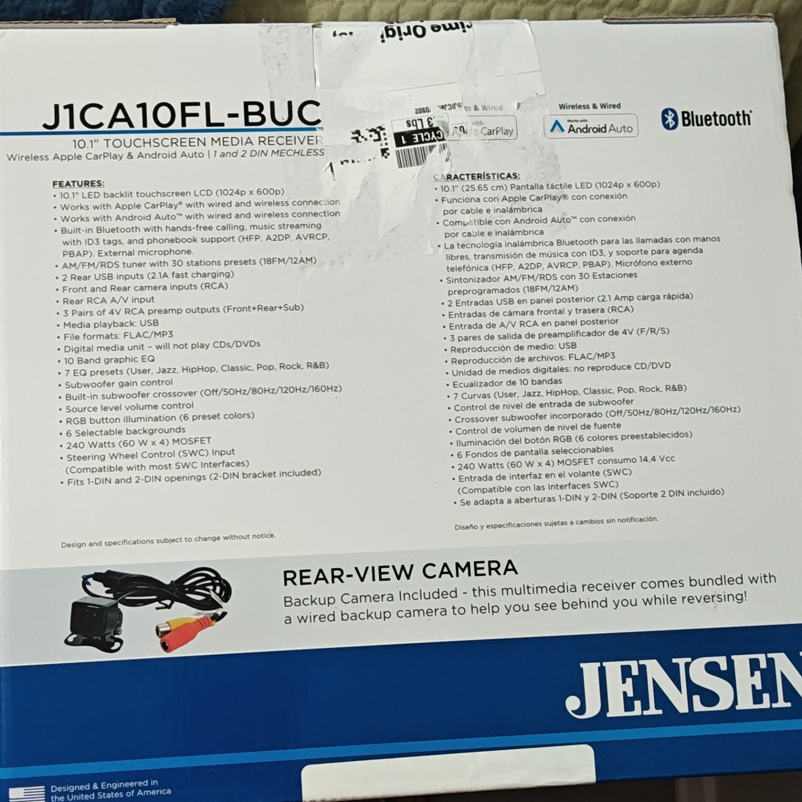 Jensen J1CA10FL-BUC 10.1″ Touchscreen 1 DIN CarPlay Android Auto Bluetooth USB