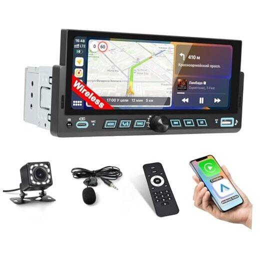 6.86″ Wireless Carplay Car Stereo Single Din Touchscreen Radio Android Auto