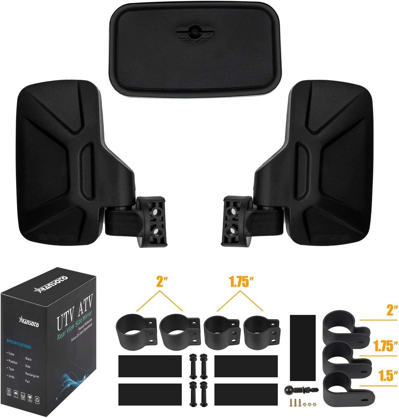 RANSOTO UTV Side Rear View Mirror and Center Mirror for 1.6″ to 2″ Bar Compatibl