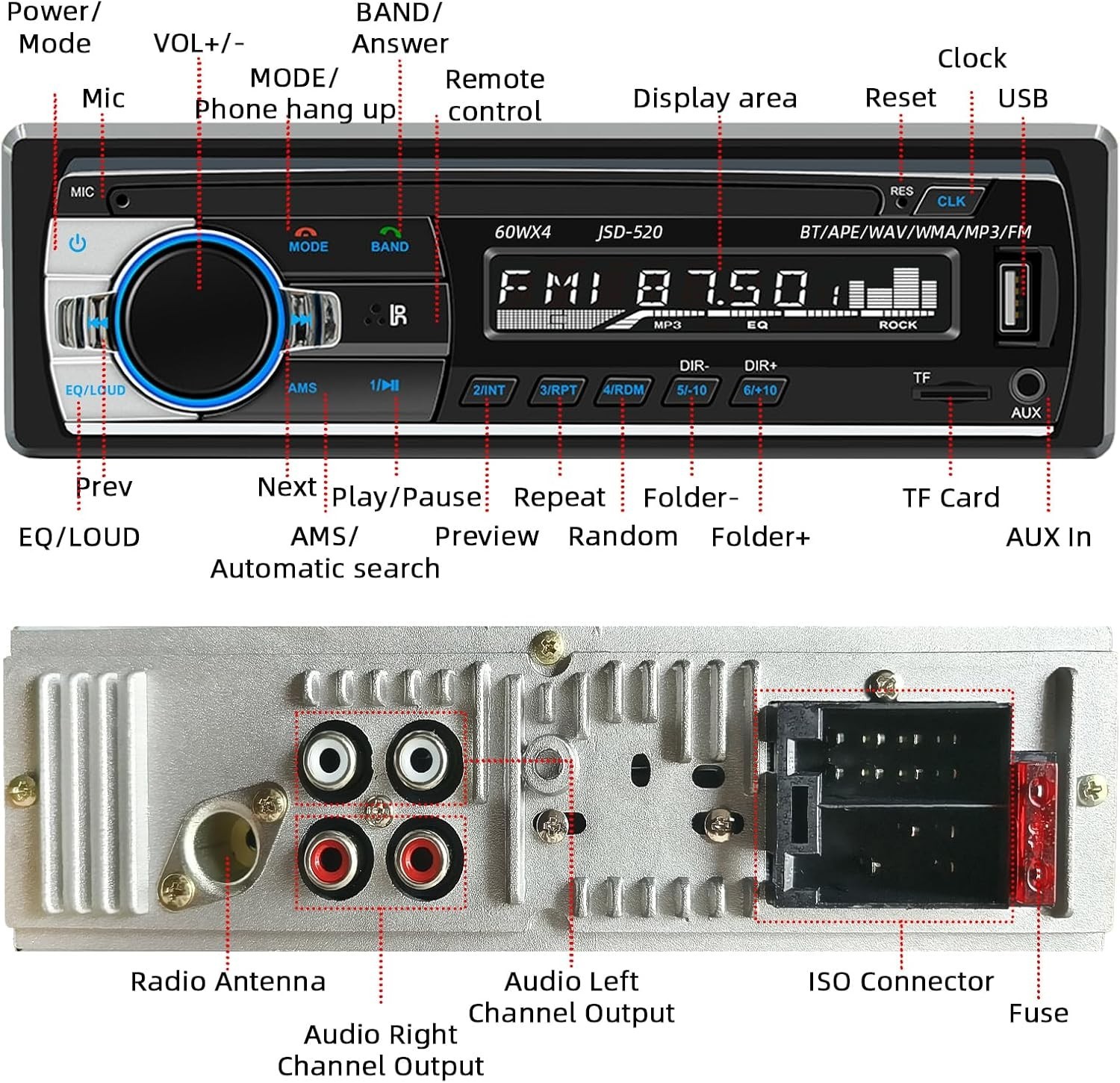 Compact JSD-520 Single Din Car Stereo with Bluetooth & Hands-free Calling