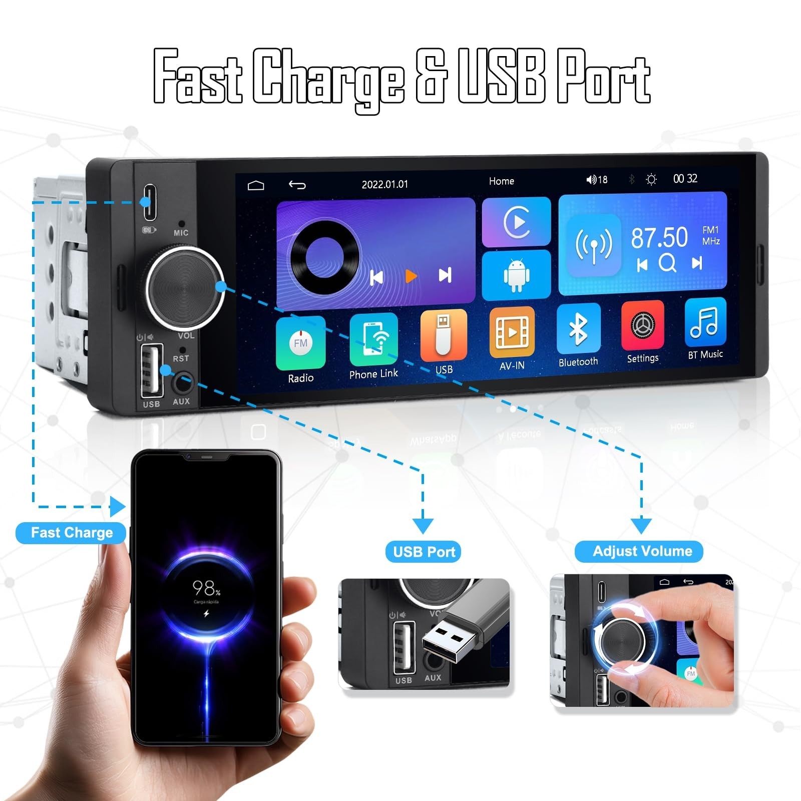 Single DIN Car Radio with 6.36″ HD Touchscreen, Bluetooth, Backup Camera, CarPla