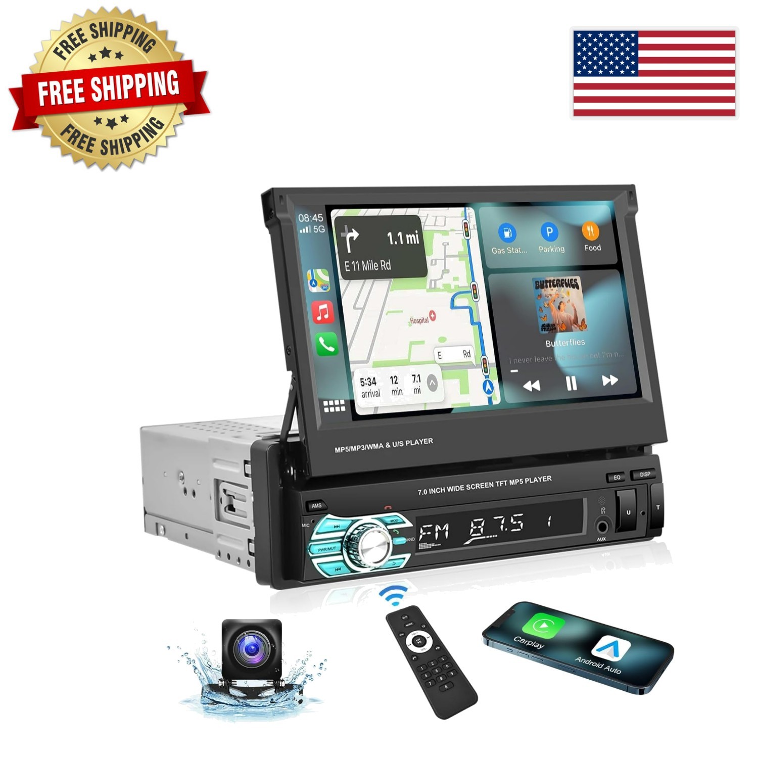 Single Din Car Radio with 7” Flip Out Screen, Android Auto & Bluetooth Access
