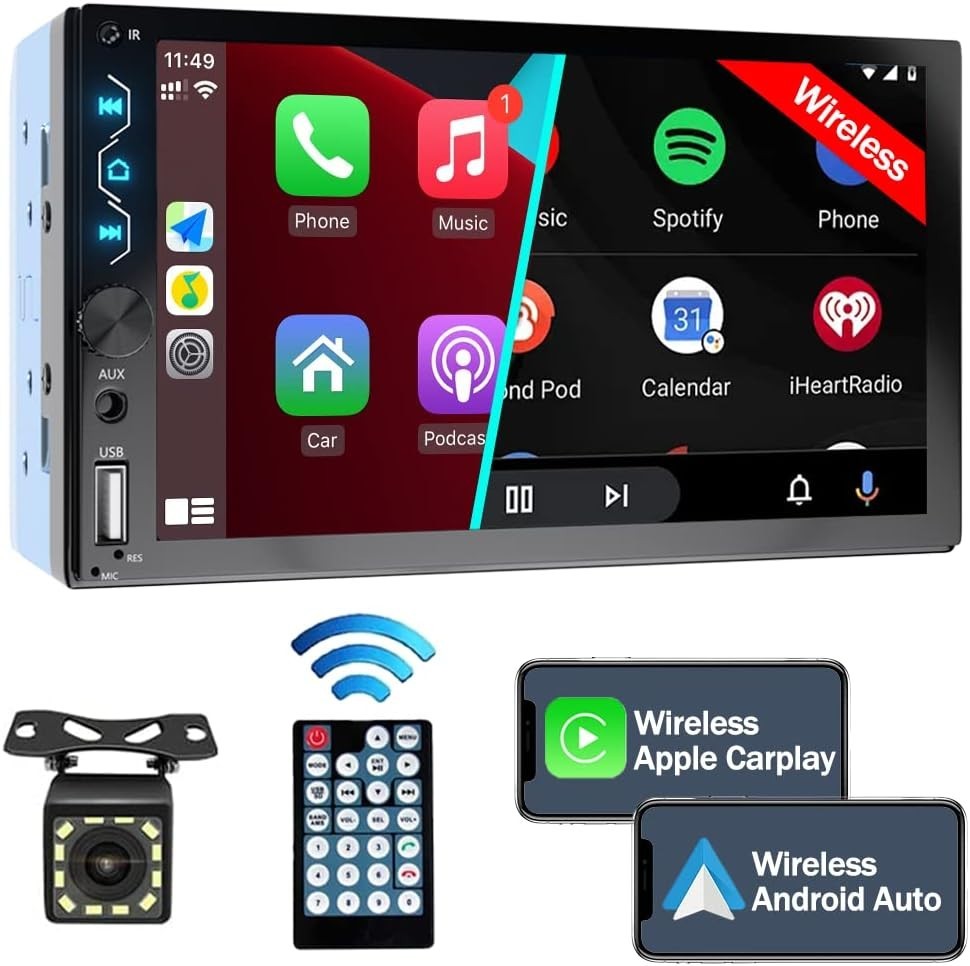 7-Inch Double Din Car Stereo with Wireless Carplay, Android Auto & Backup Camera