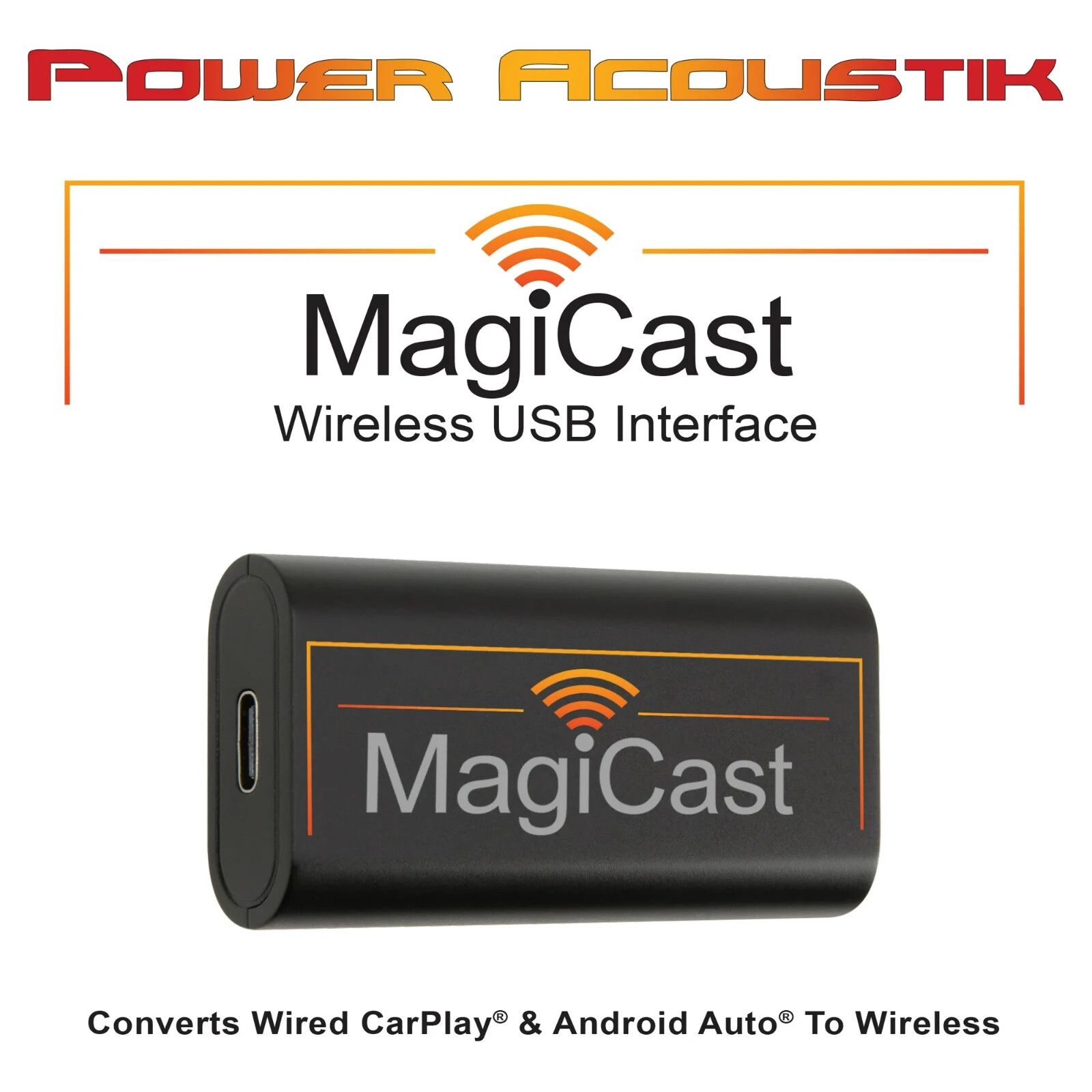 Power Acoustik MagiCast Wireless CarPlay/Android Auto,Converts Wired to Wireless