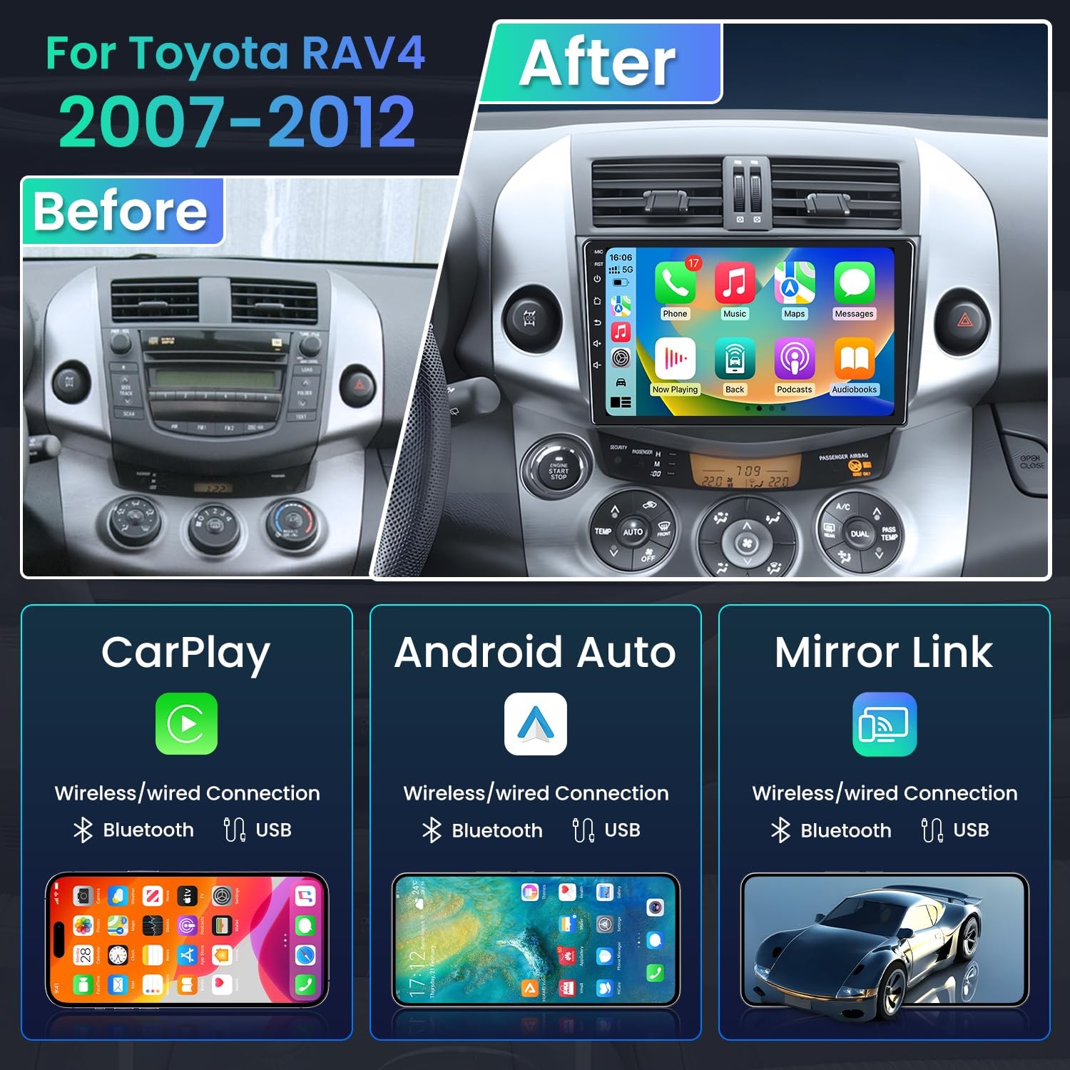 2+64G For Toyota RAV4 2007-2012 Carplay Android Car Radio Stereo JBL 1280*800 FM