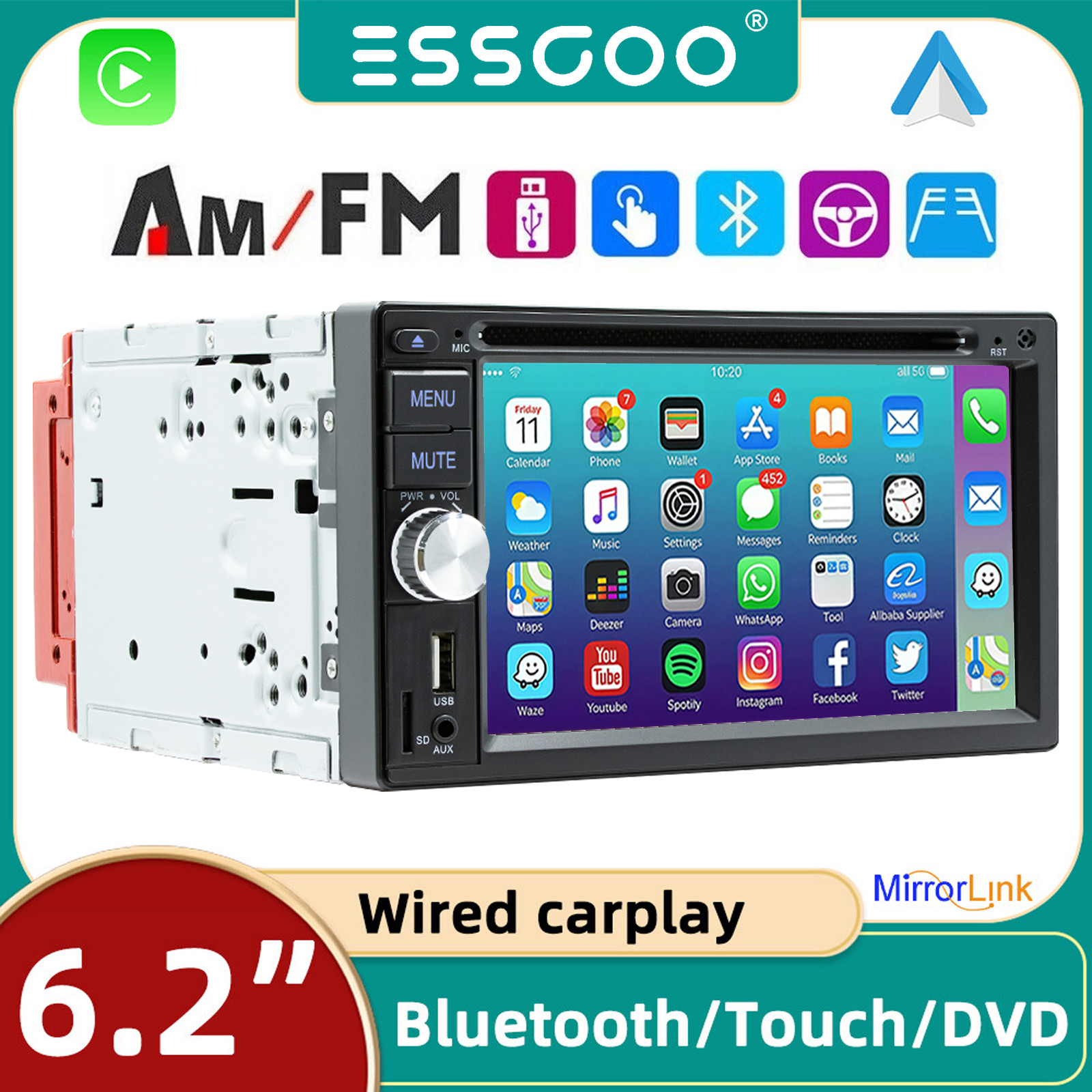 Double DIN Car Stereo Radio CD DVD Player Carplay Android Auto Bluetooth USB FM