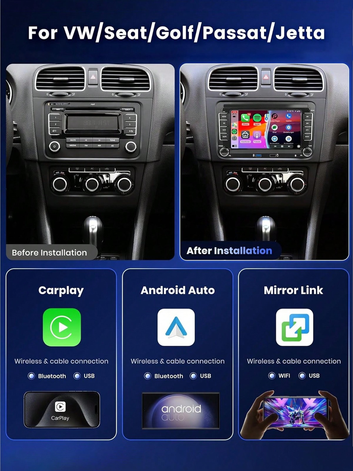 7″ Car Radio Wireless CarPlay Android Auto for Golf MK5 MK6 Jetta Tiguan Passat