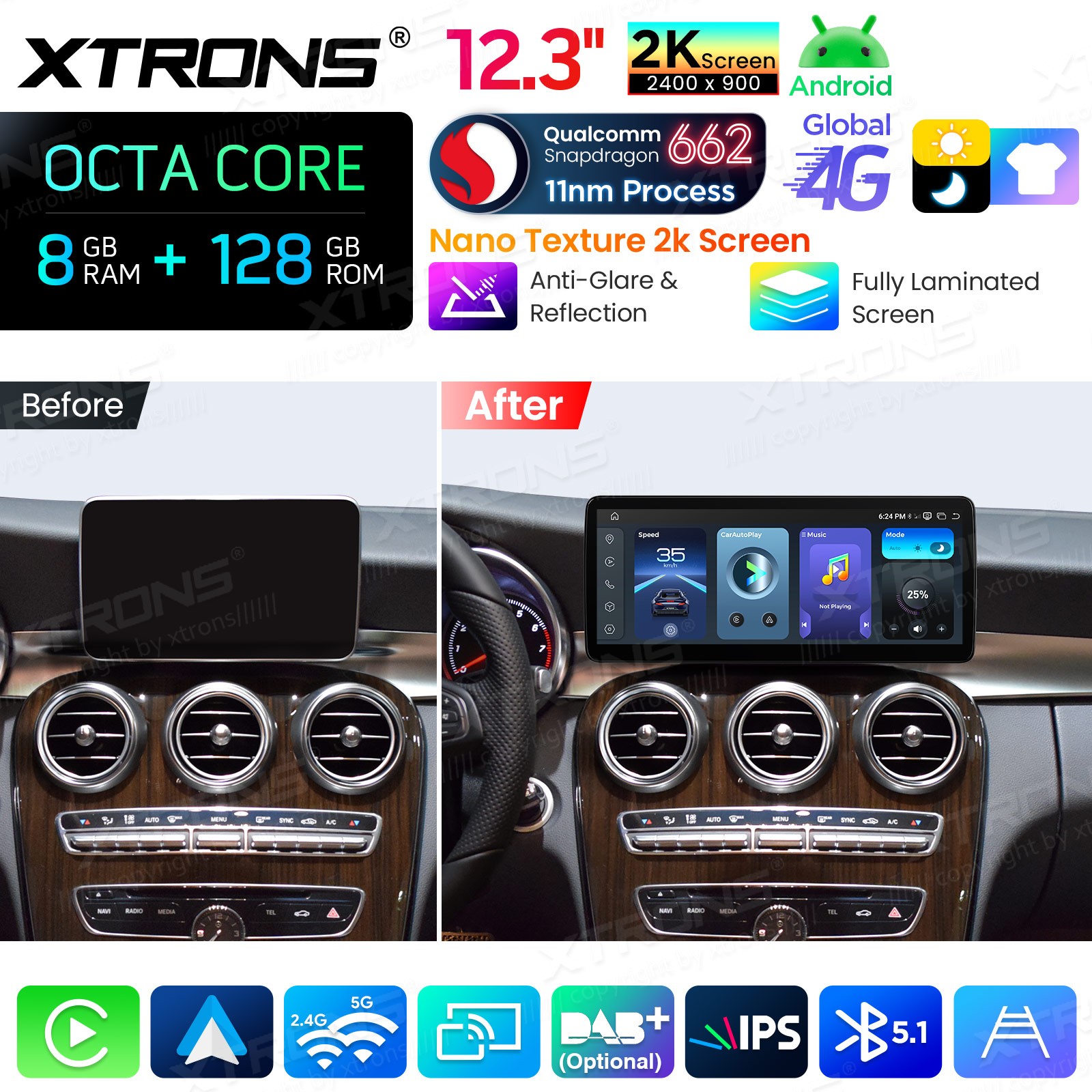 2K 12.3″ 8-Core Android Screen for Mercedes Benz C GLC W205 X253 NTG5.2 8+128G