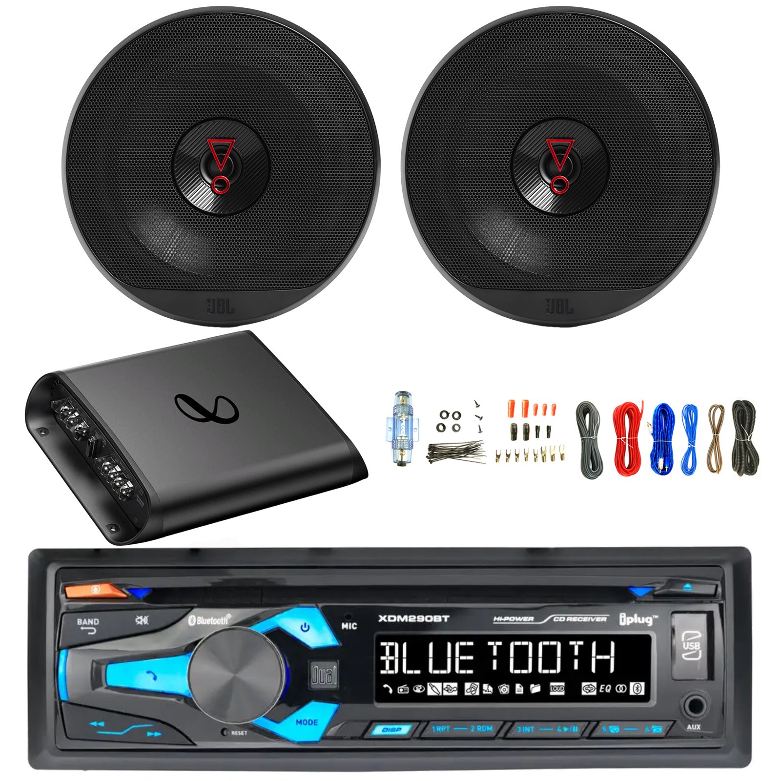 Dual In-Dash Bluetooth AM/FM CD Receiver, 2x 6.5″ 225W Car Speakers, Amp w/Kit