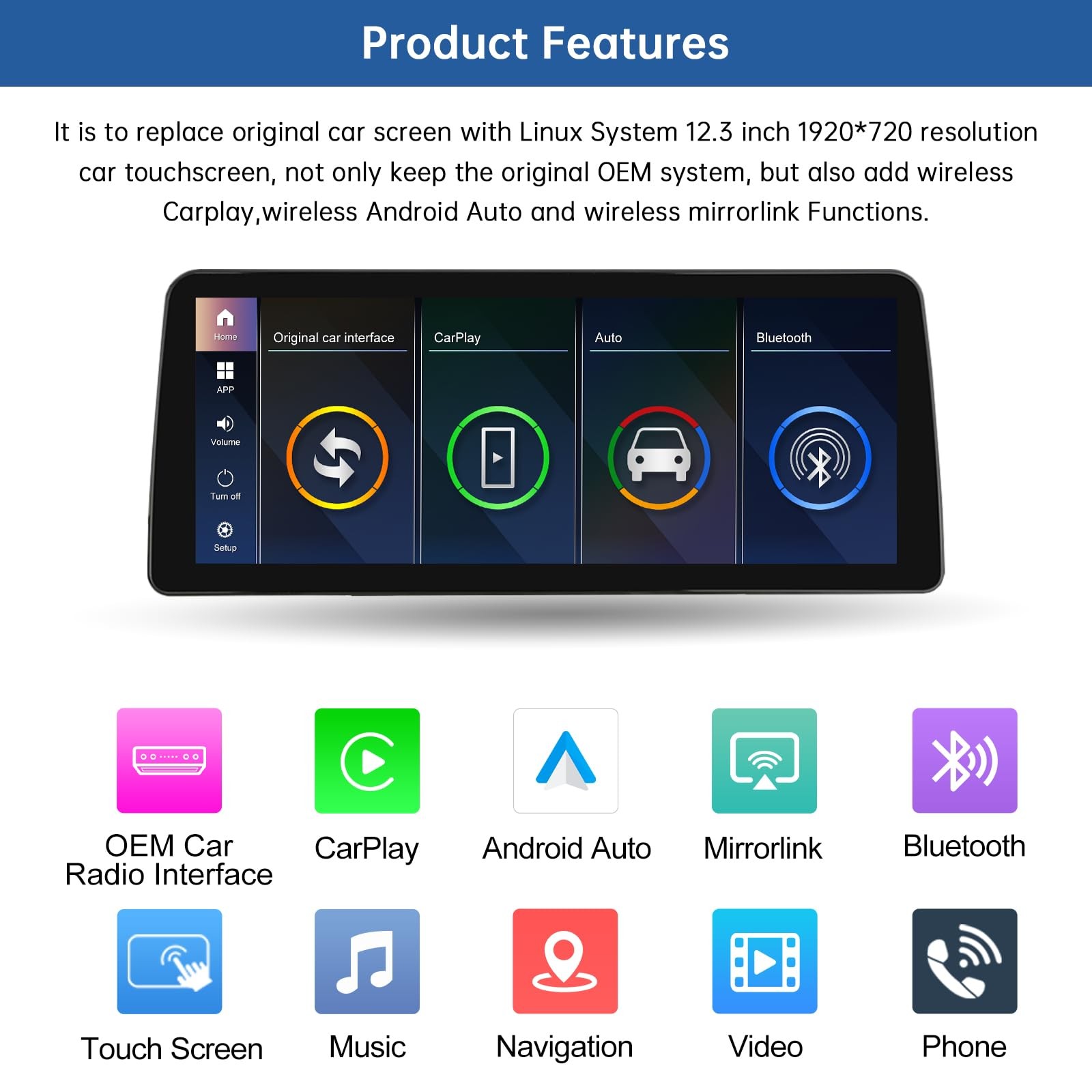 Road Top 12.3 Inch Ultra-Narrow Touchscreen Wireless Carplay for BMW X5 & X6