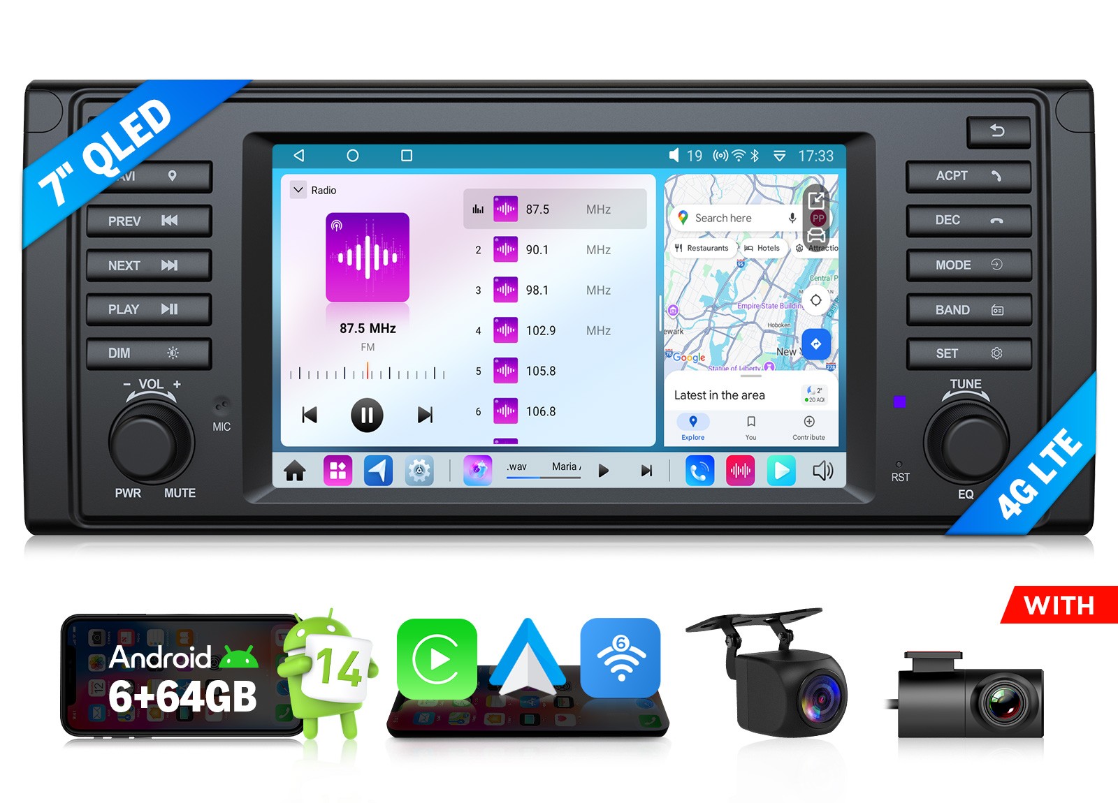 Android 14 7″ QLED 6+64G for BMW E39 528i 530i 1995-2003 Car Radio GPS Bluetooth