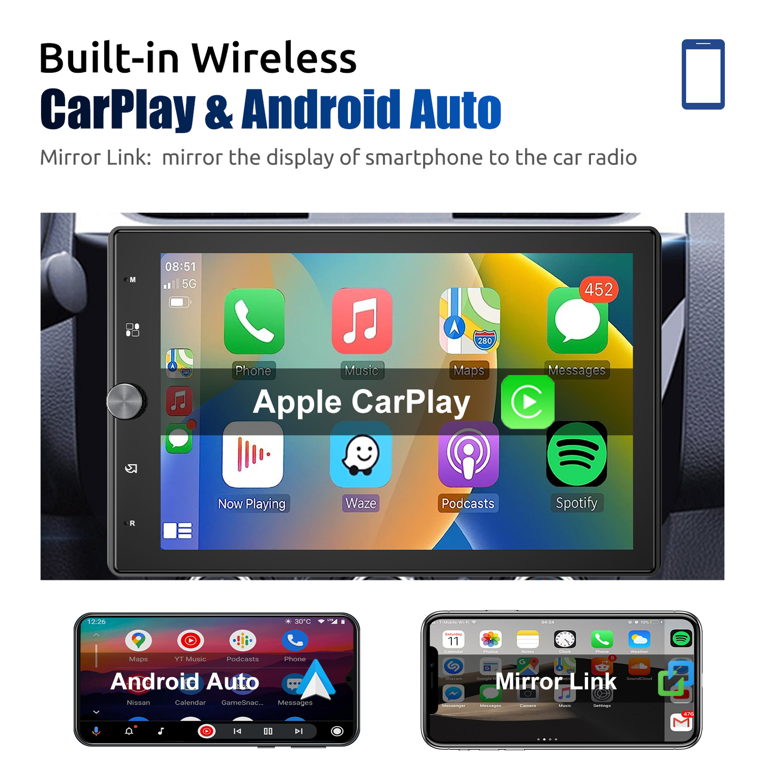 10″ Car Stereo Radio Single Din In-Dash Units Bluetooth Carplay with 12LEDs Cam