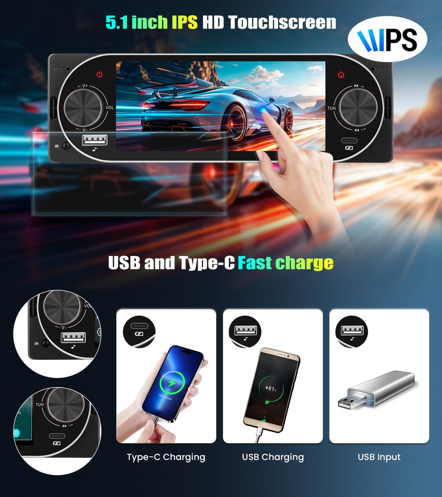 Single Din Car Stereo with Wireless Carplay & Android Auto, 5.1″ Touchscreen, Bl