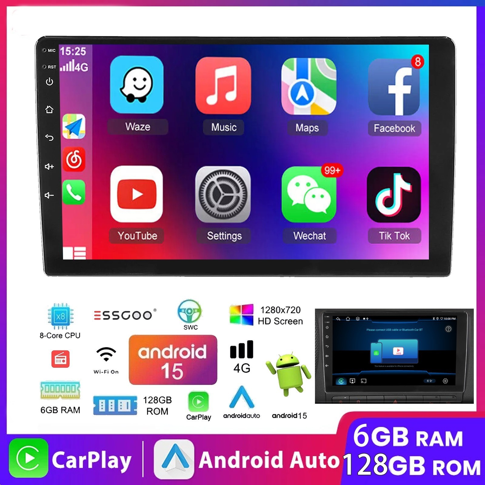 10.1″ 6+128GB QLED 2 DIN Car Stereo Radio Carplay Android 15 8-Core GPS WIFI BT