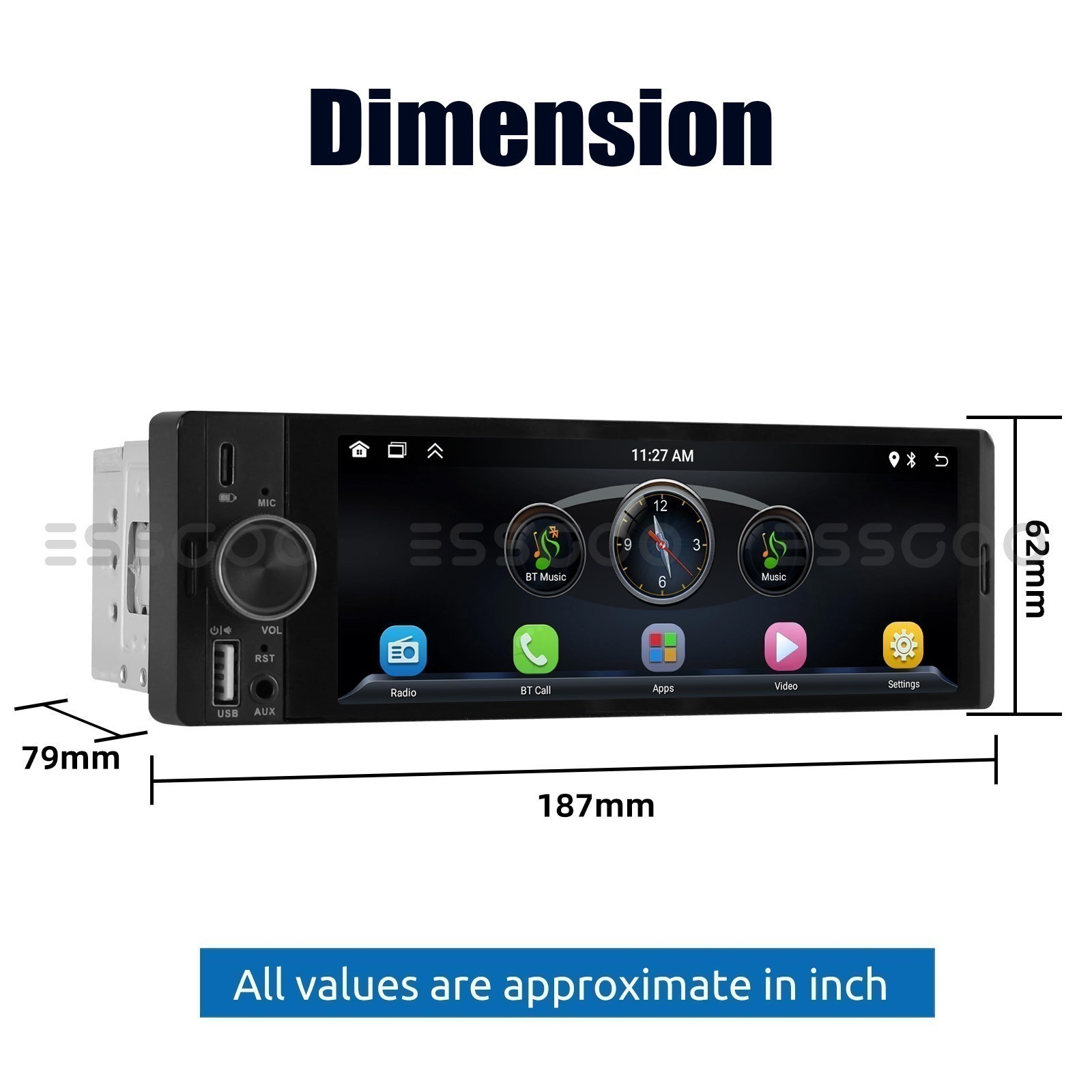 6.36″ Single 1DIN Apple CarPlay Android Auto Car Radio Stereo MIC USB SWC+Camera