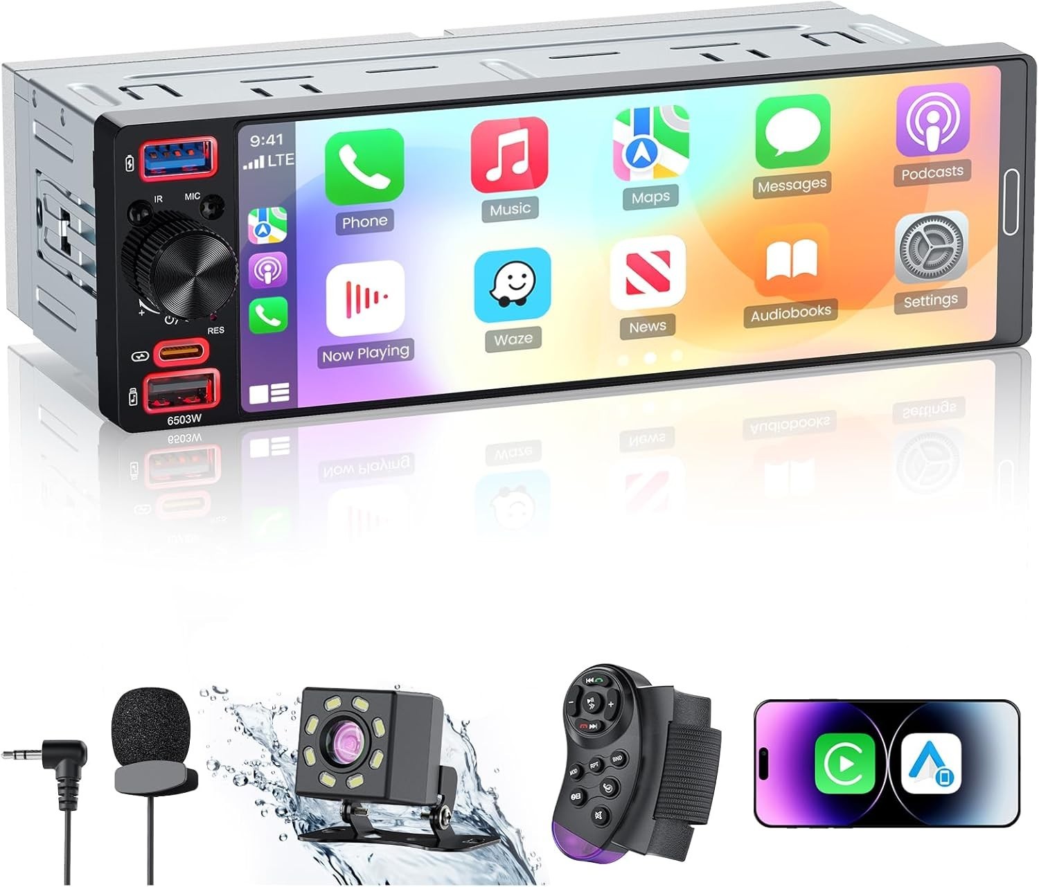 Single Din Car Stereo 6.5″ InCell Touchscreen Apple CarPlay Android Backup Ca…