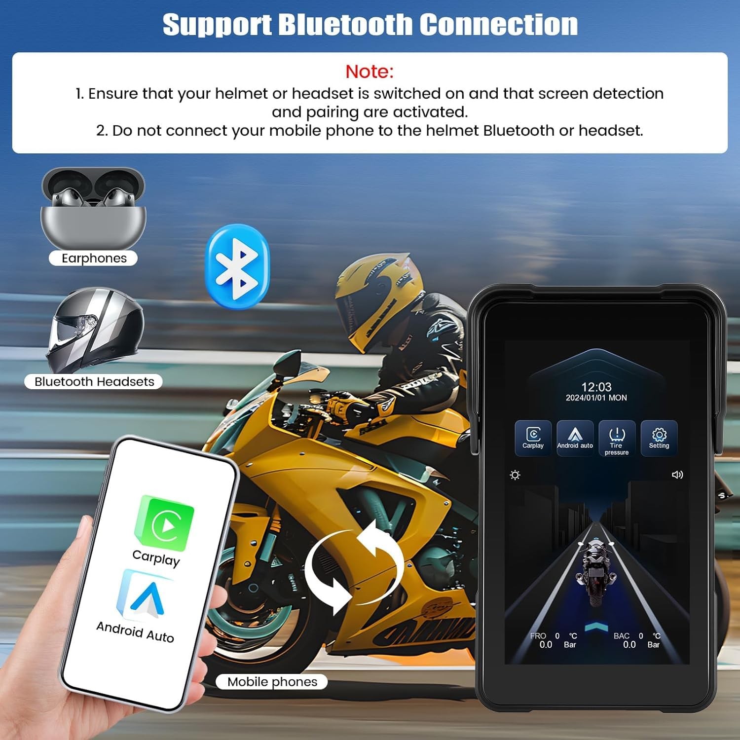 5 inch IPS Touch Screen Motorcycle GPS Wireless Portable CarPlay& P2-5