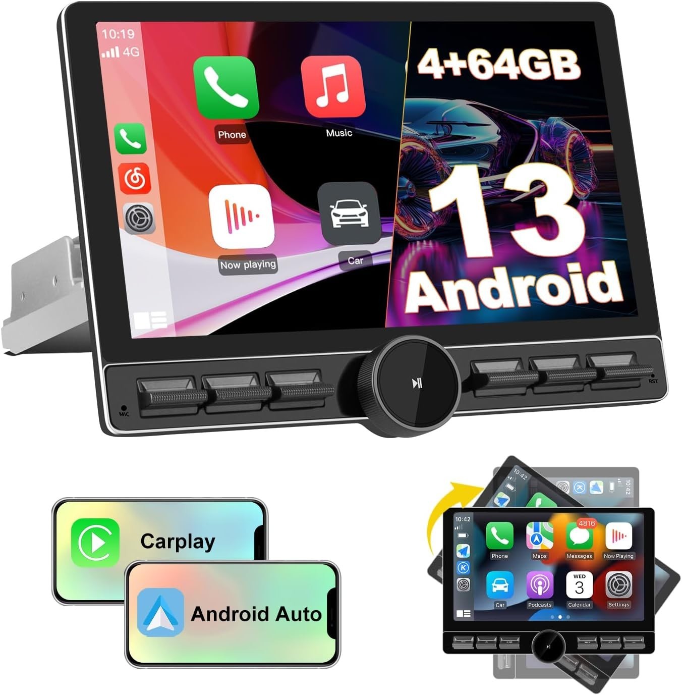 10.4″ Single 1DIN Wireless Apple CarPlay Car Stereo Rotatable Touch Screen Radio