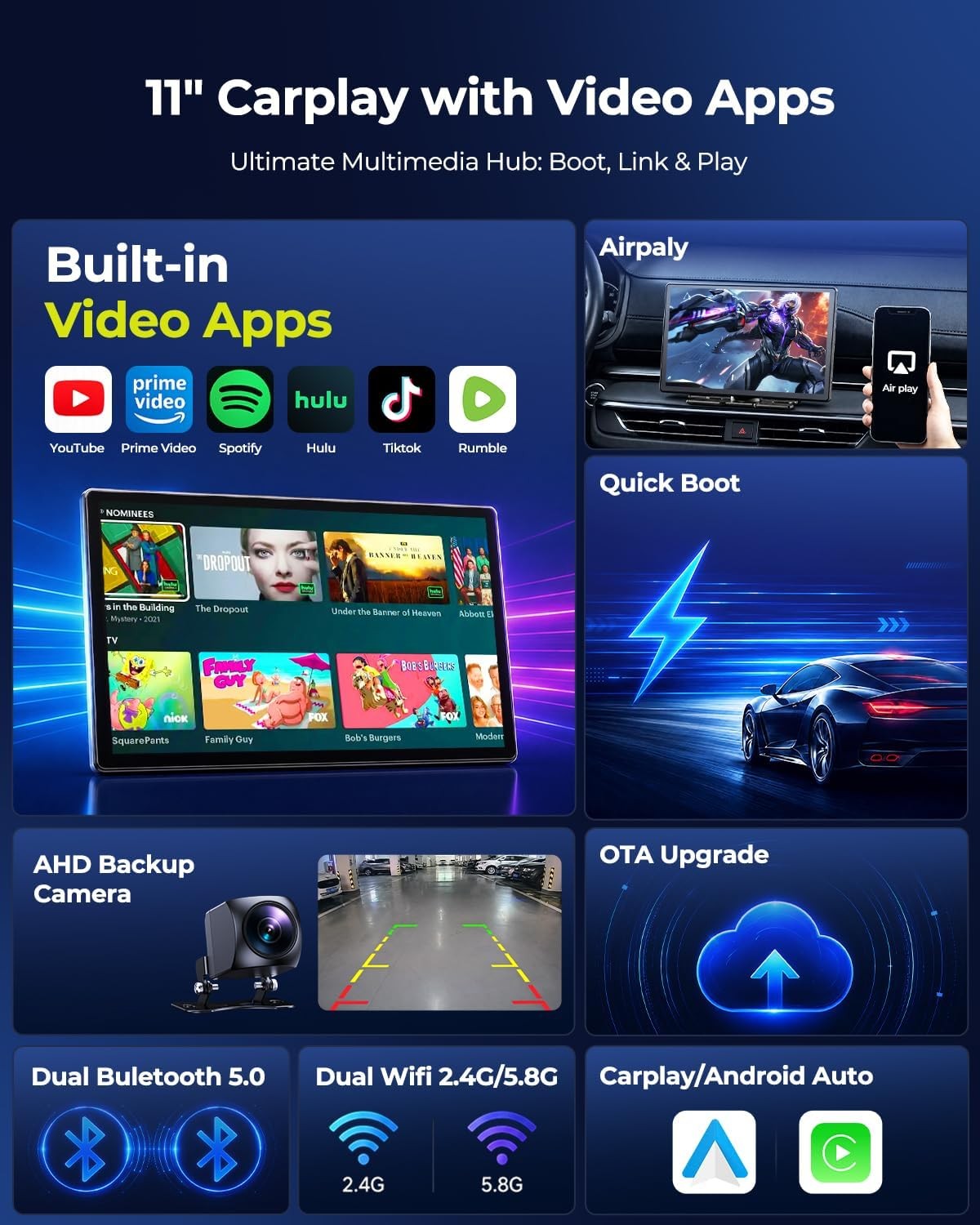 11″ Wireless Apple Carplay Portable Car Stereo Android Auto w/ Net-Flix YouTube