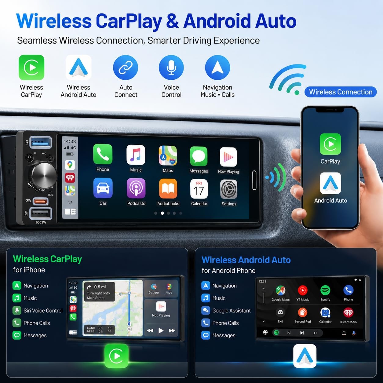 6.5″ Single Din Car Stereo, Wireless Apple CarPlay Android Auto, Car Bluetoot…