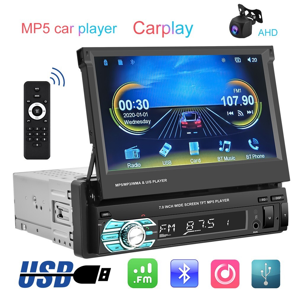 7″ Retractable Car MP5 Player with CarPlay, Android Auto 720P AHD Backup Camera
