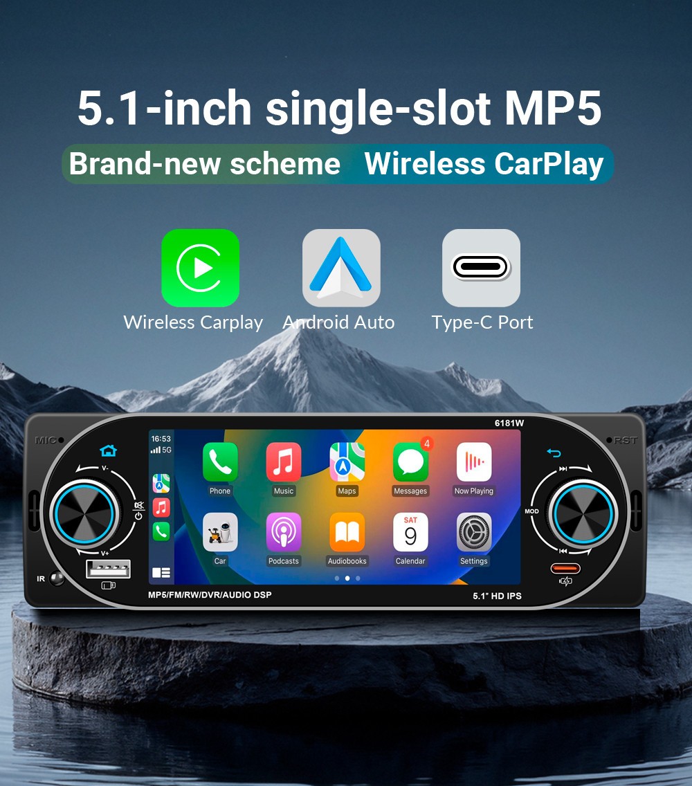 5.1in Car Multimedia Player Audio Stereo Type-C Fast Charging W/Rear Camera