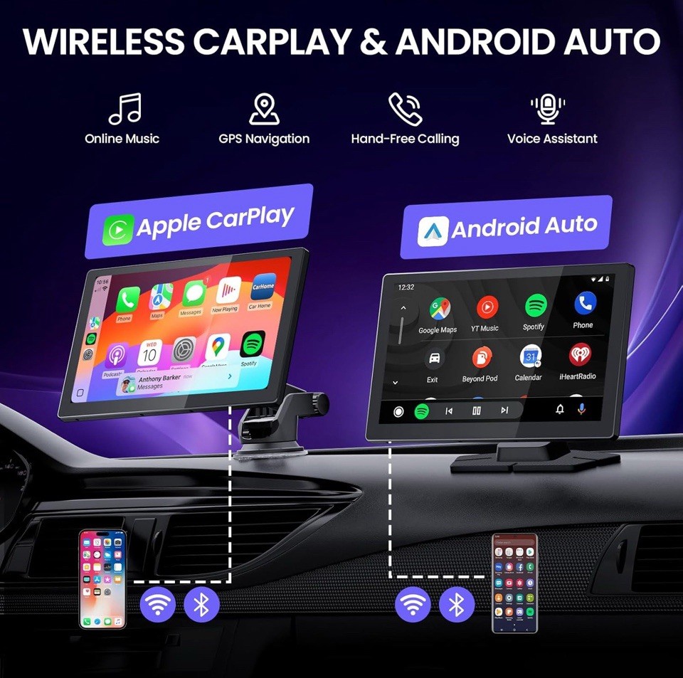 TECXERLLON 9″ Wireless Portable Carplay Screen & Android Auto Touch Screen Black