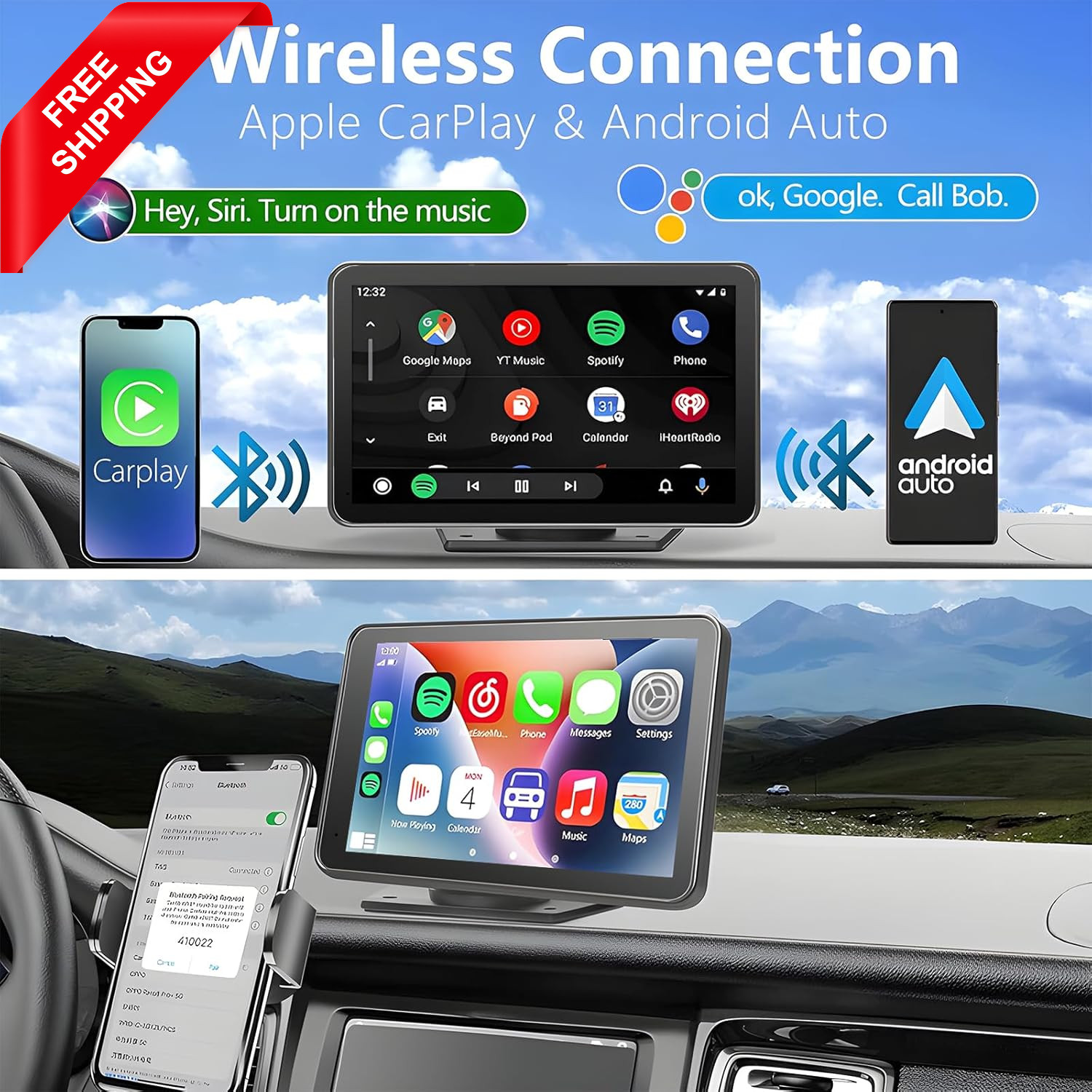 Portable Wireless Car Stereo, 7″” HD Carplay Screen for Car with Wireless Apple