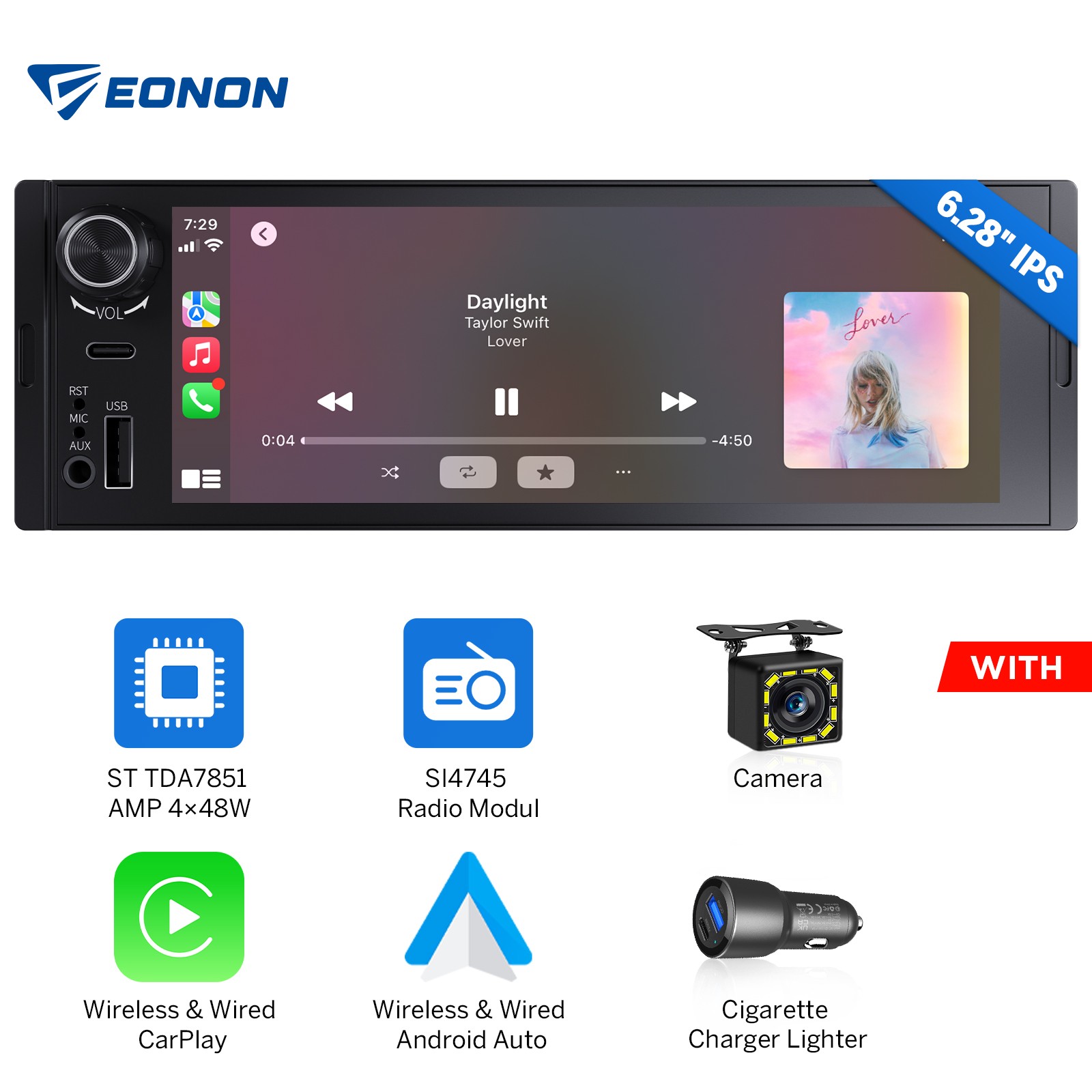 Single DIN 6.28″ IPS Head Unit Wireless CarPlay Android Auto Car Stereo Radio BT
