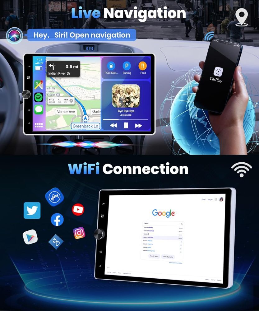 10.4” Android 13 Single 1 Din Apple Carplay Car Stereo Radio GPS WIFI 2G+64GB
