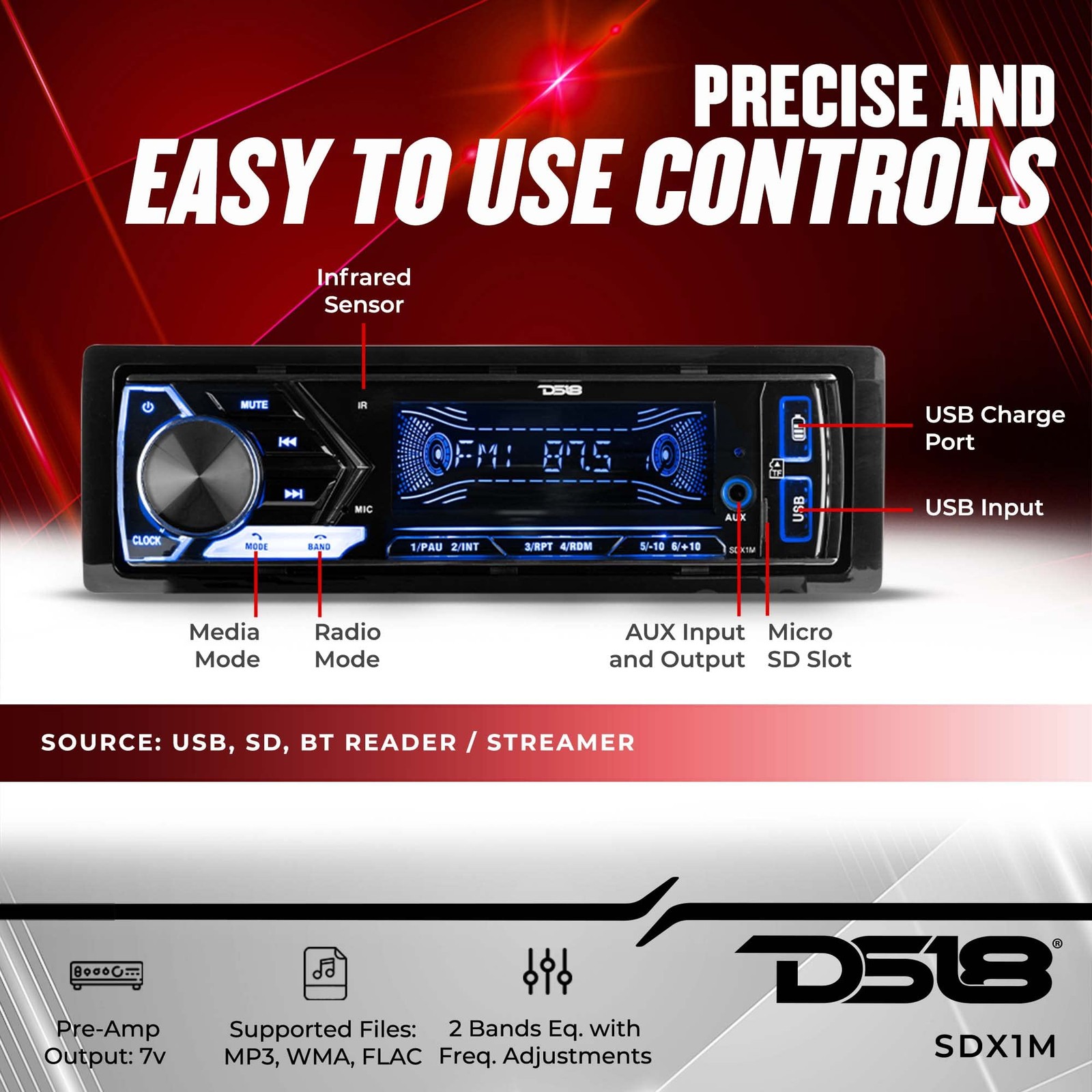 DS18 SDX1M Multimedia Car Stereo Built in Bluetooth 7 Volt Preouts- Single Din