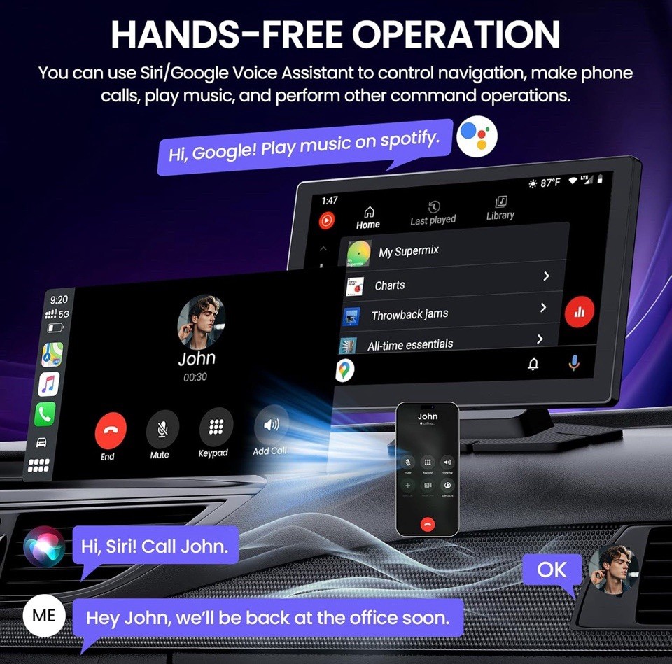 TECXERLLON 9″ Wireless Portable Carplay Screen & Android Auto Touch Screen Black
