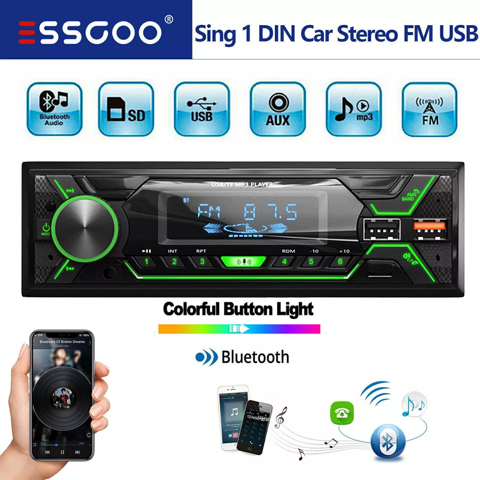 Bluetooth Car Stereo Audio In-Dash FM Aux Input Receiver SD USB Player MP3 Radio