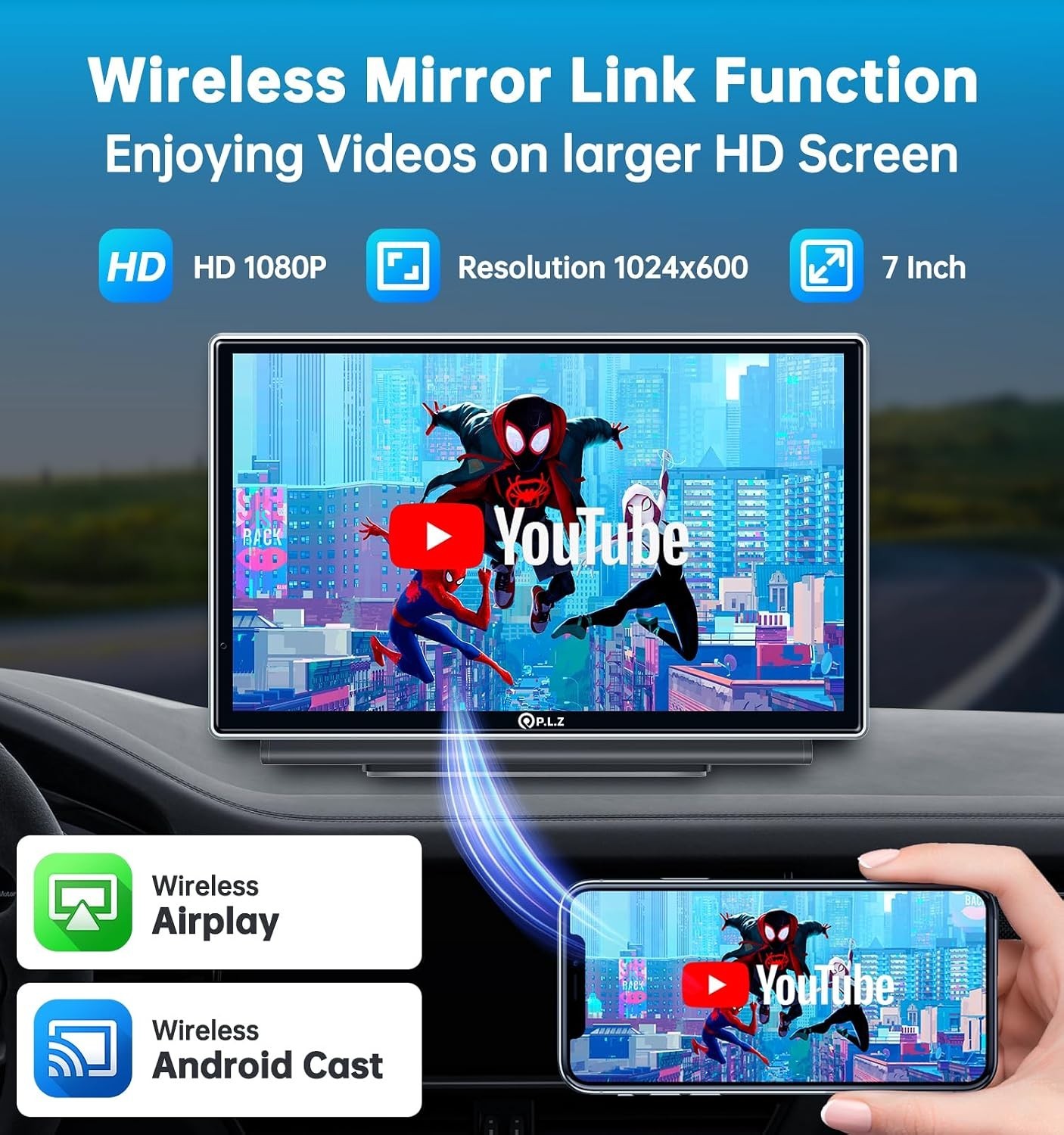 7″ Portable Wireless Apple Carplay Stereo Screen for Car, 2.5K Dash Camera