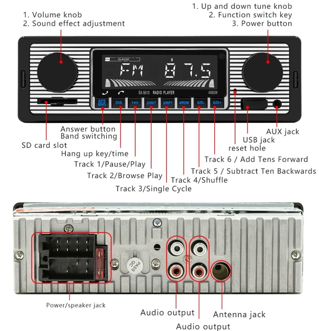 Single Din Car Radio Classic FM Radio,Bluetooth 7*1.97*2.28 inch