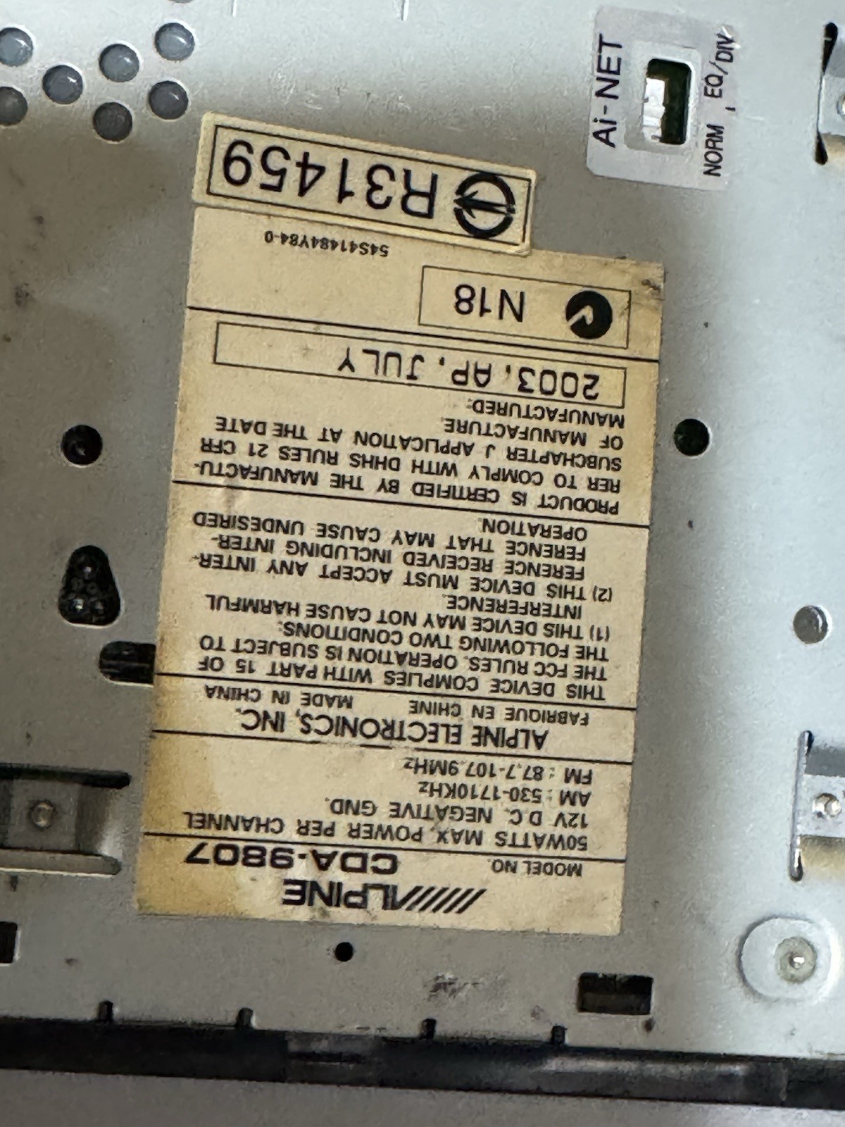 Alpine CDA-9807 CD Player In Dash Receiver Untested /Parts Repair