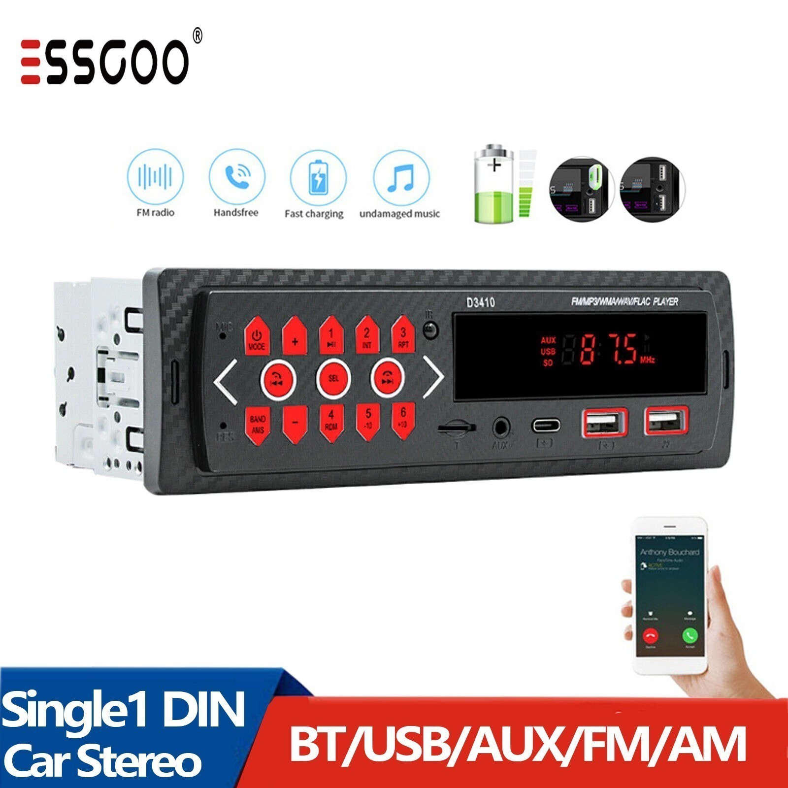 Single DIN Car Audio Stereo Bluetooth MP3 USB/SD/FM Radio Steering Wheel Control