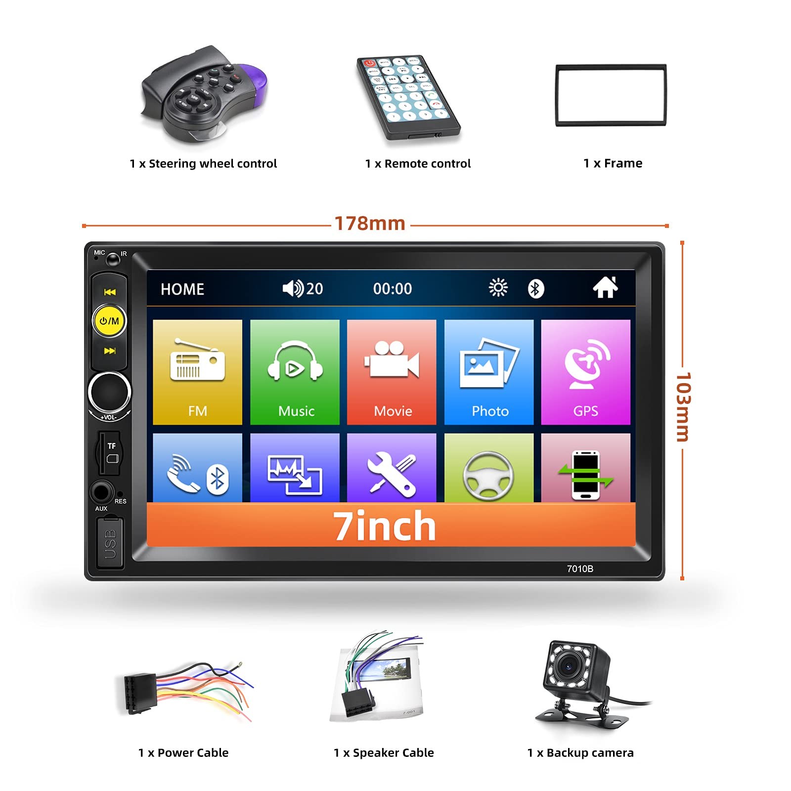 Double Din Bluetooth Car Stereo 7 inch HD Touch Screen Car Radio with Backup Cam