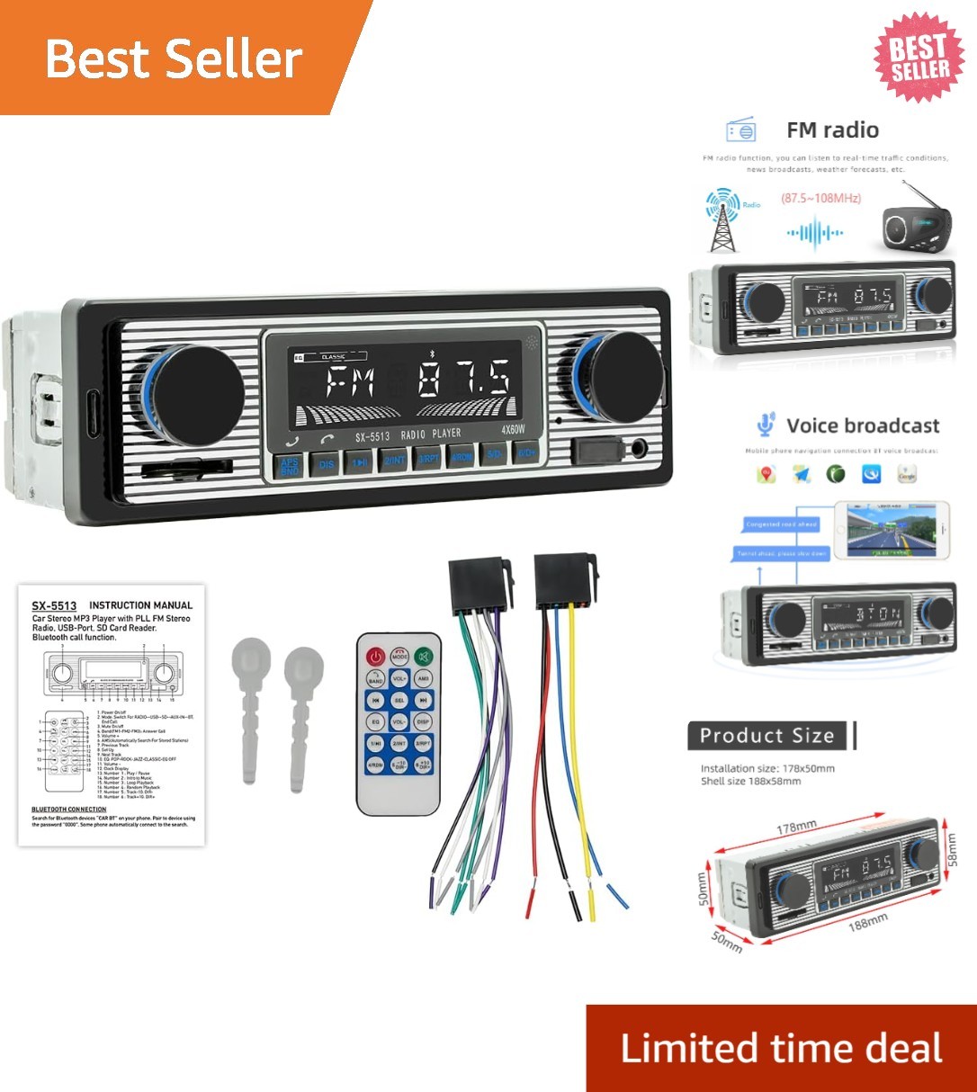 7-Inch Bluetooth Car Stereo Receiver with FM, USB, and Hands-Free Calling