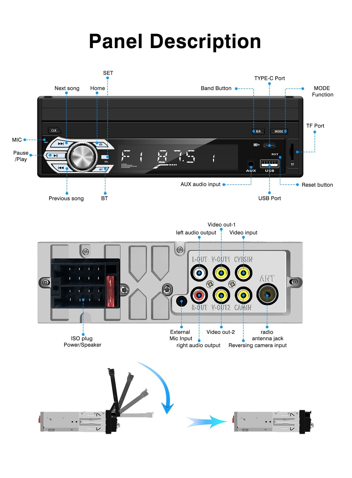Retractable Car Radio, 1 Din Stereo Hidden Screen