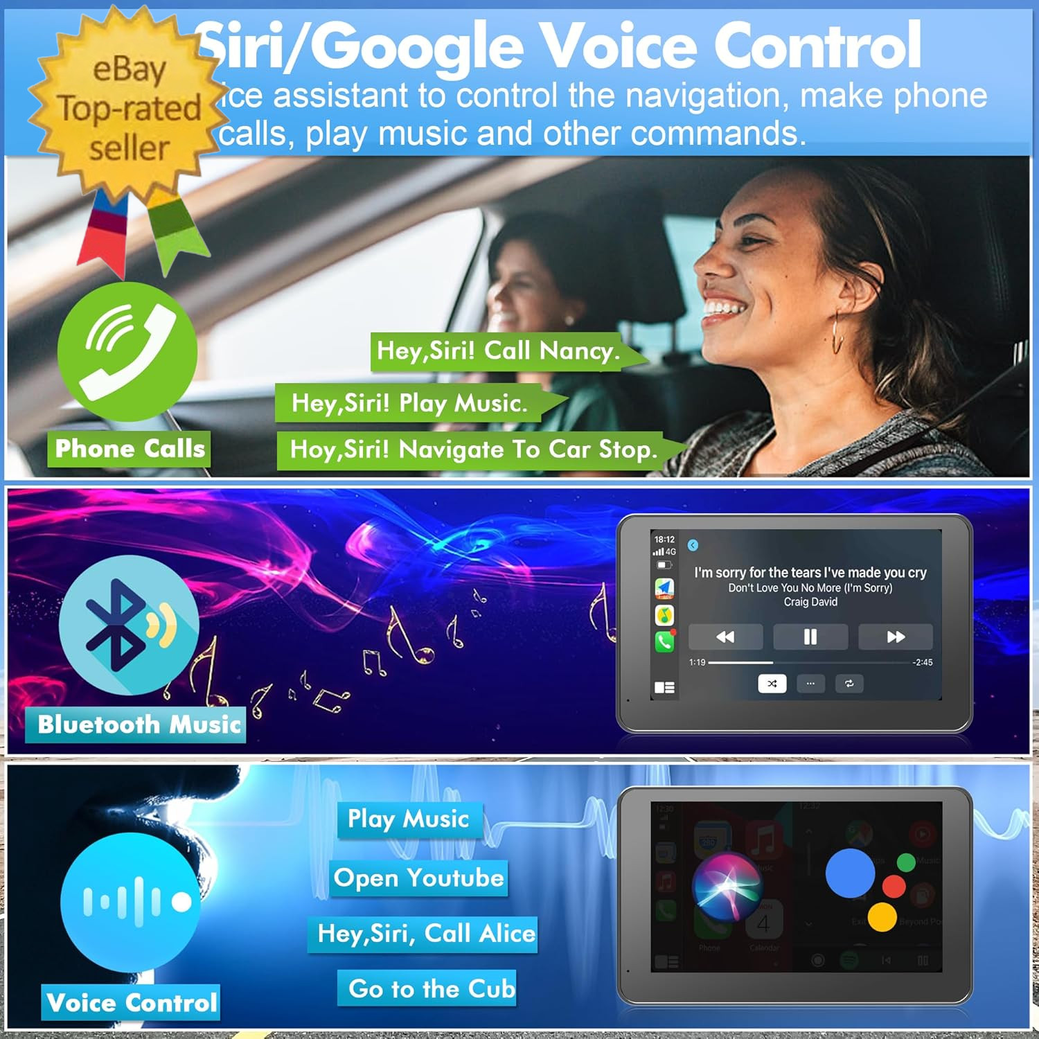 Wireless Carplay Screen for Car, 7″ HD Portable Stereo Touchscreen with Apple Ca
