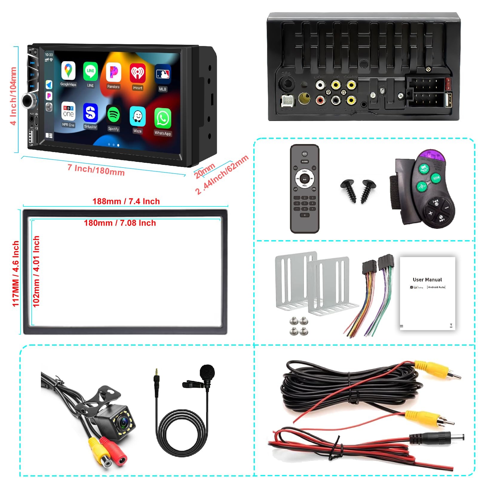 7″ Double Din Car Stereo with Wireless Apple CarPlay,Car Radio Build-in Bluet…
