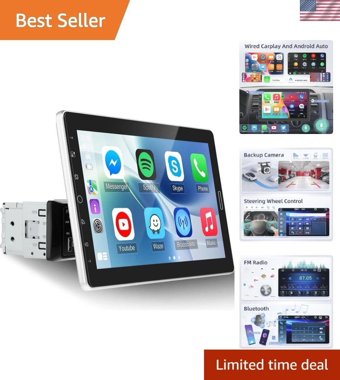10 Inch IPS Touchscreen Radio – Supports CarPlay, Android Auto & Backup Camera